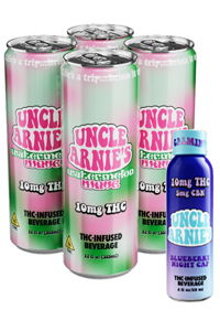 Cans and bottle of Uncle Arnie's THC-infused beverages in various flavors.