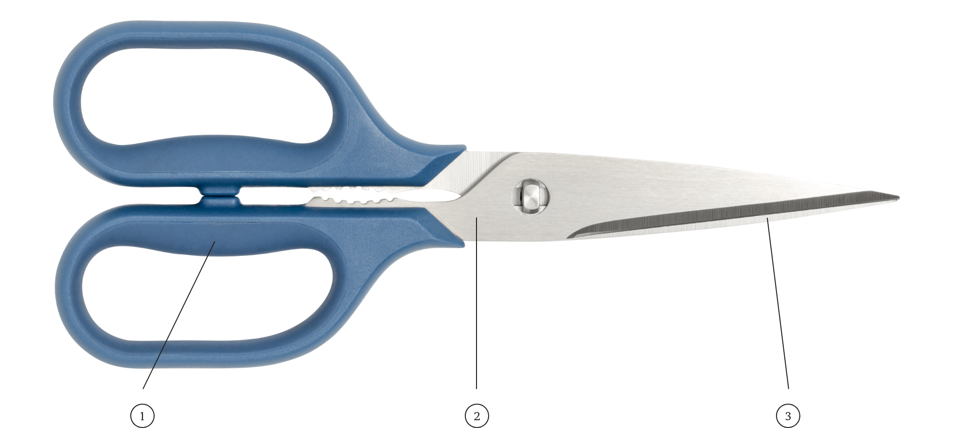 Blue Misen Kitchen Shears with blades closed. Numbered feature indicators highlight the ergonomic handle, durable steel pivot, and blades.