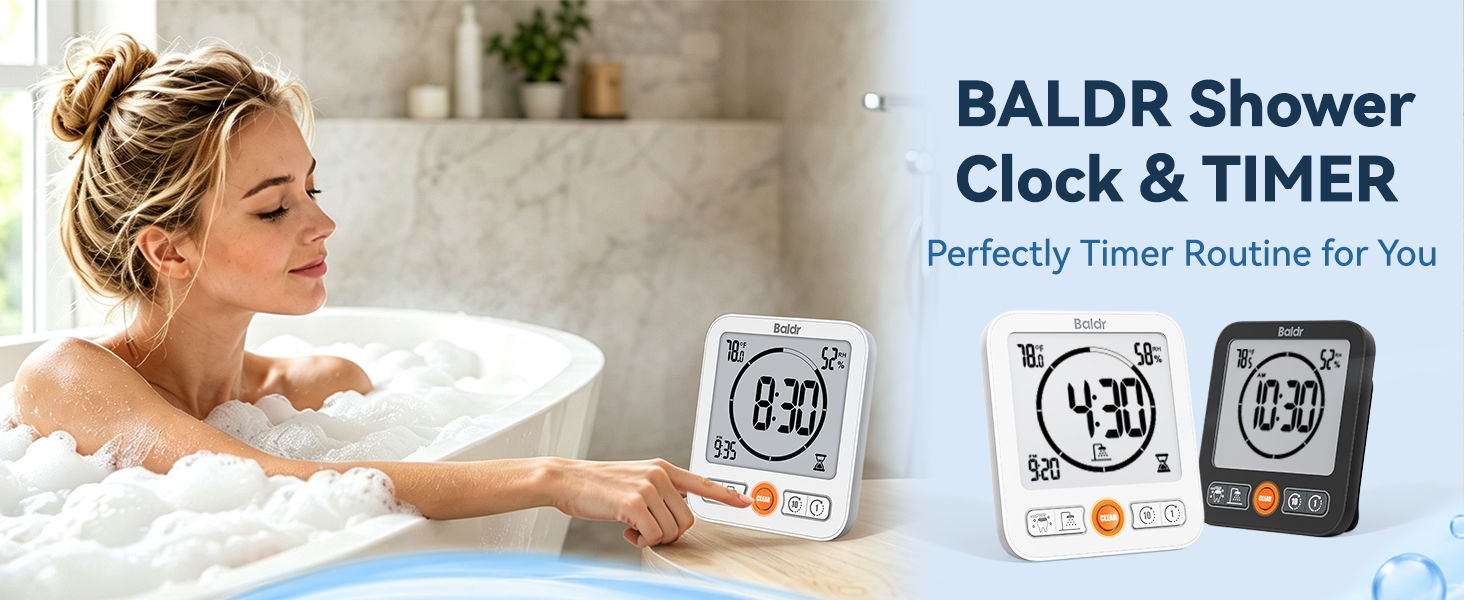 Woman in bath using BALDR Shower Clock and Timer.