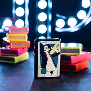 Pop Art design lighter,with Zippo lighted sign and neon lighters laying in the background