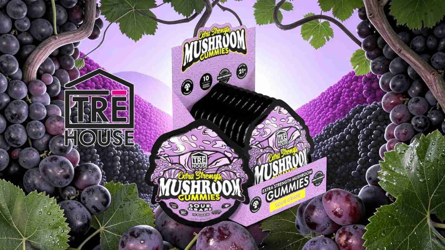 Packaging of mushroom product with grapes in a colorful background.