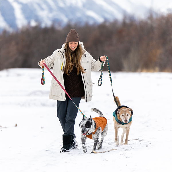 Woman walking two dogs in snowy landscape with mountains in background.