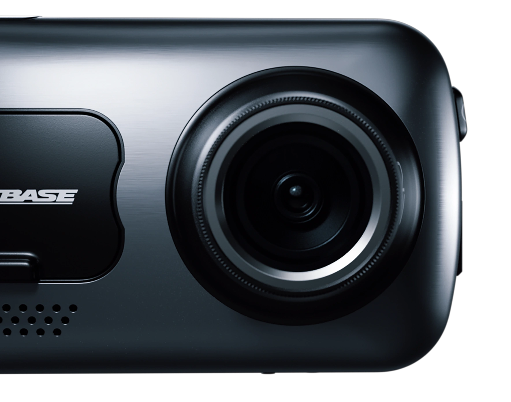 A close-up of a sleek black camera with a prominent lens.