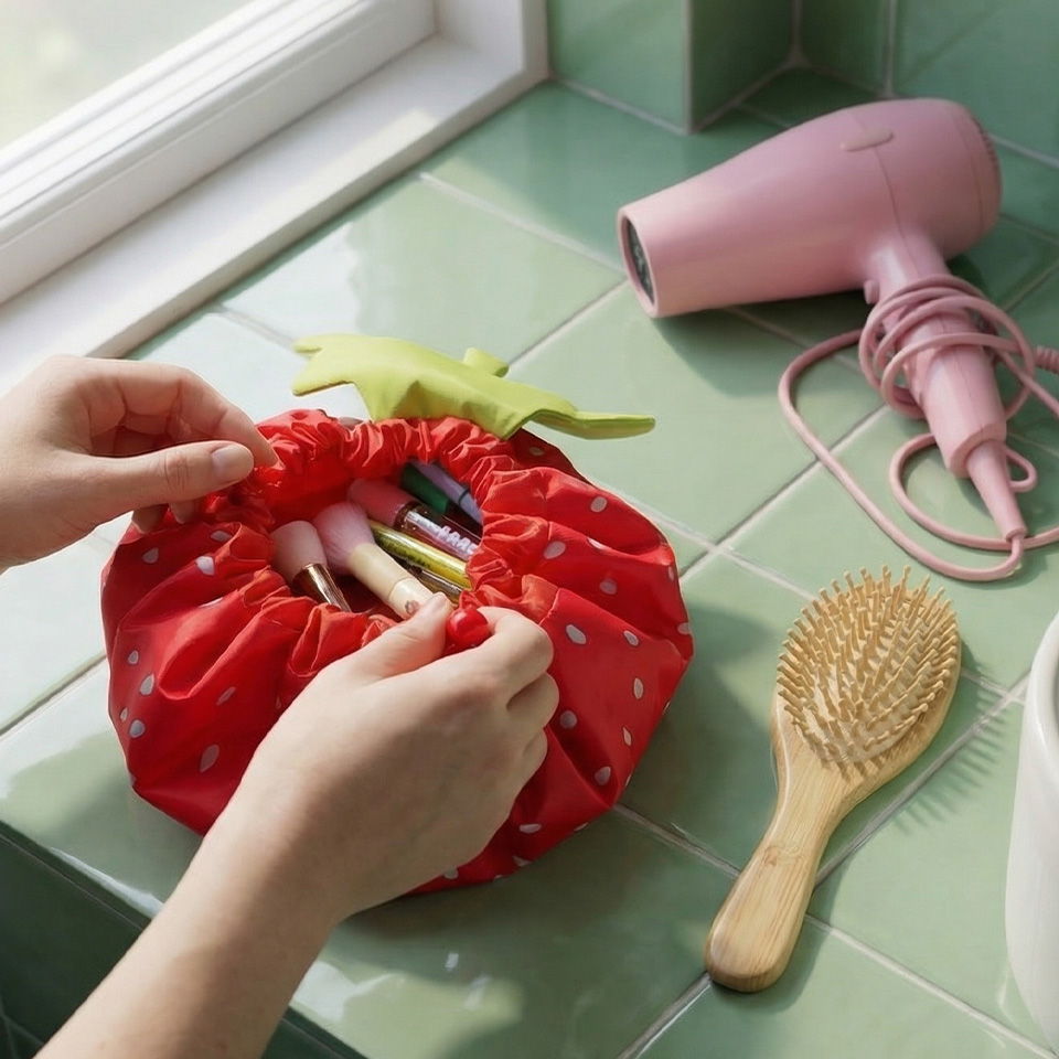Hands holding a red pouch with beauty items, hairdryer and brush nearby.