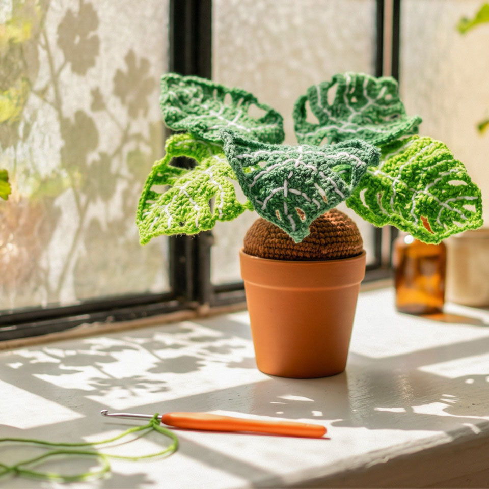 Potted plant with large green leaves on a windowsill.