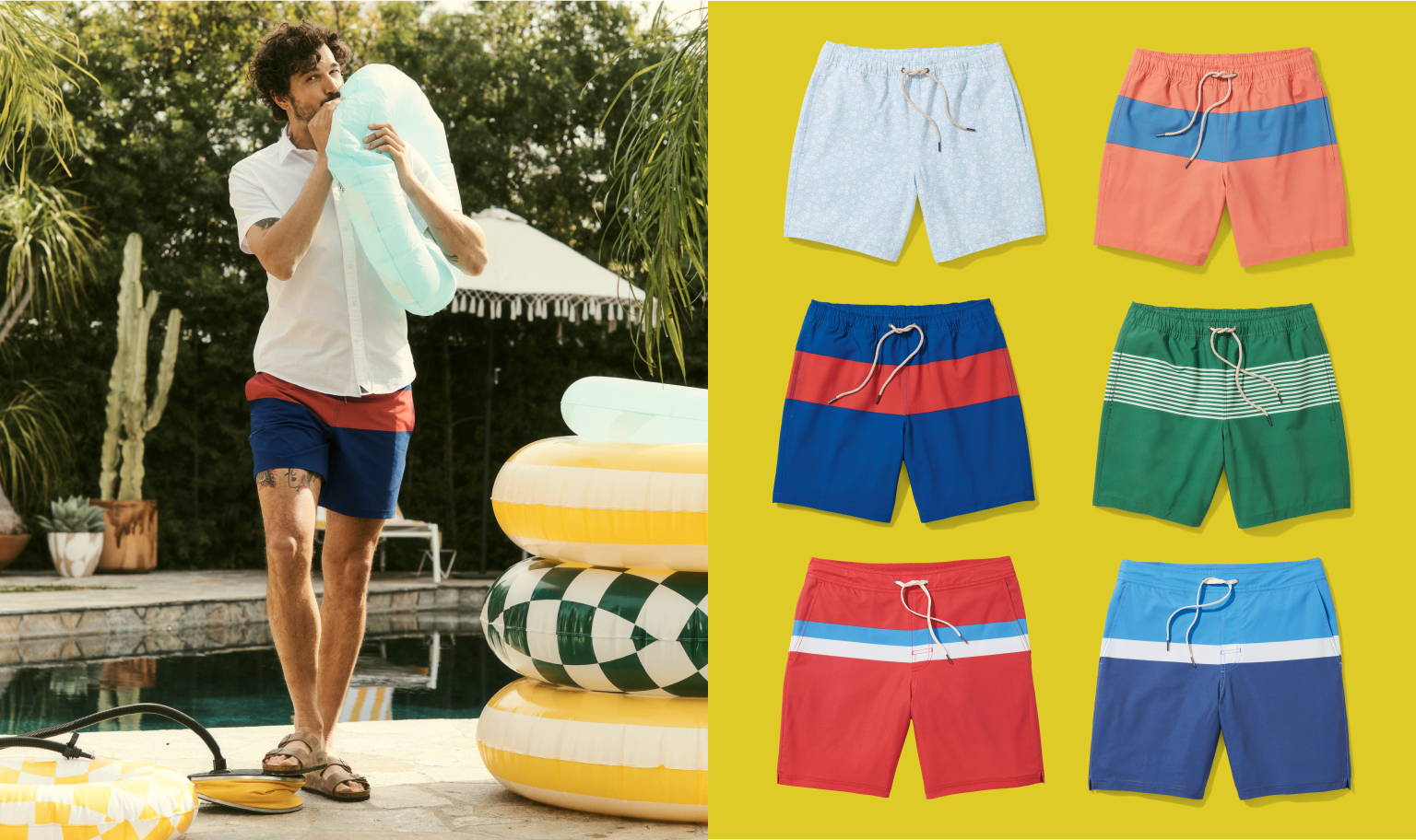 Left image of model wearing UNTUCKit Bayberry trunks. Right image of UNTUCKit + Fair Harbor Swim.  