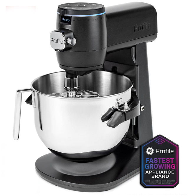 Black stand mixer with stainless steel bowl and branded logo sticker.