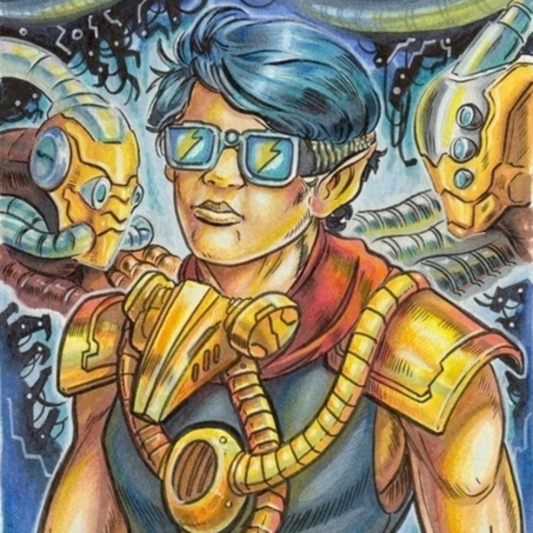 A character with blue hair and glasses, surrounded by robotic arms.