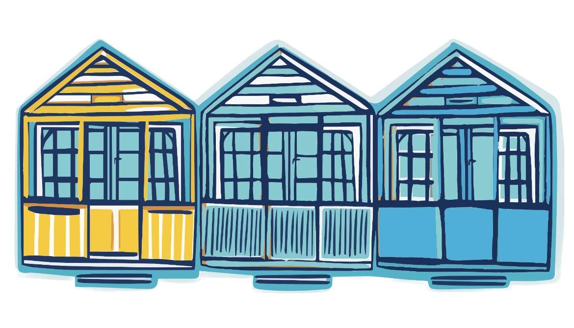 Three stylized beach huts in yellow and blue colors.