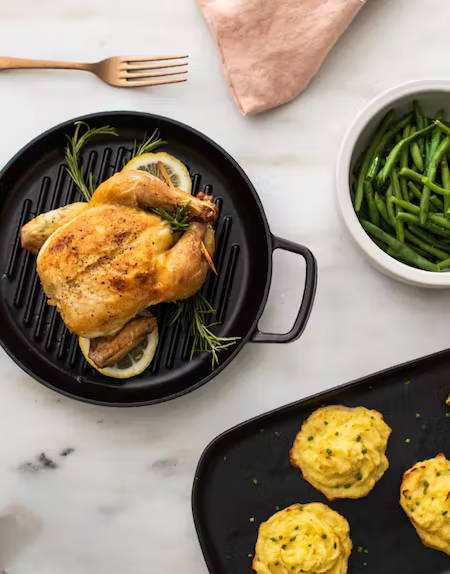 Cornish hen, green beans, and duchess potatoes