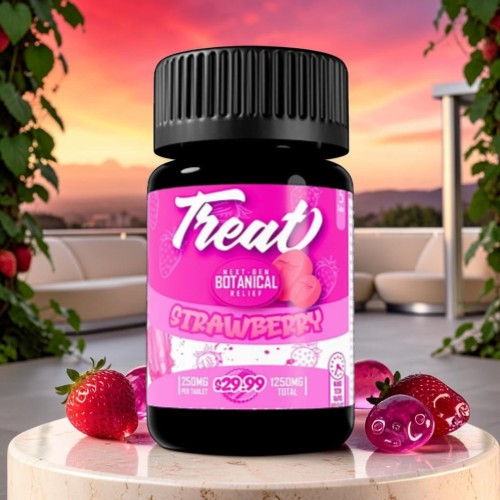 Bottle of Treat Strawberry gummies with a sunset background and strawberries.