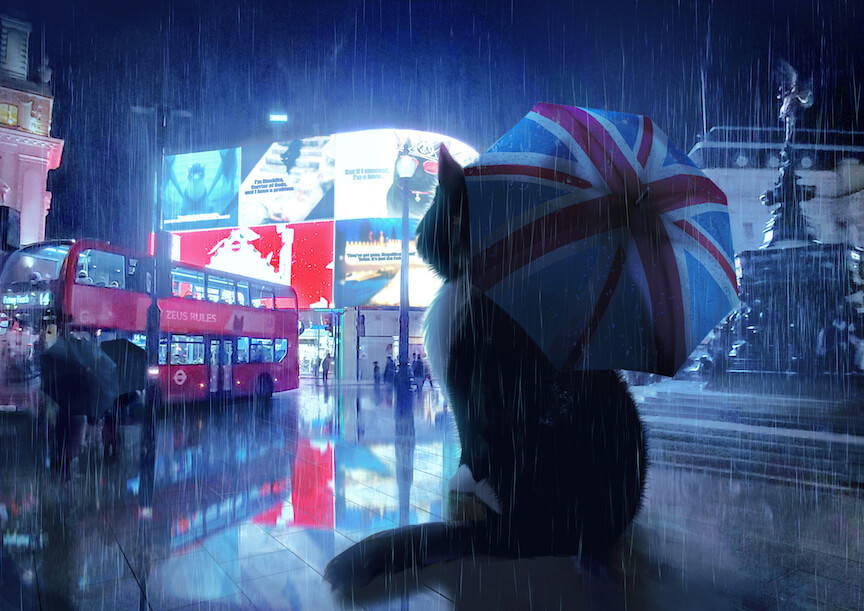 A giant tuxedo cat watches the lights on a rainy London night in Piccadilly Circus from under a Union Jack umbrella