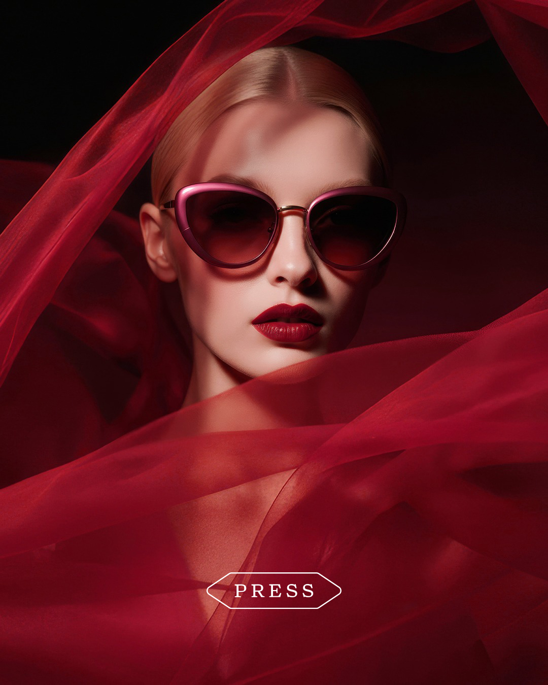 Model wearing sunglasses with red fabric backdrop and bold makeup.