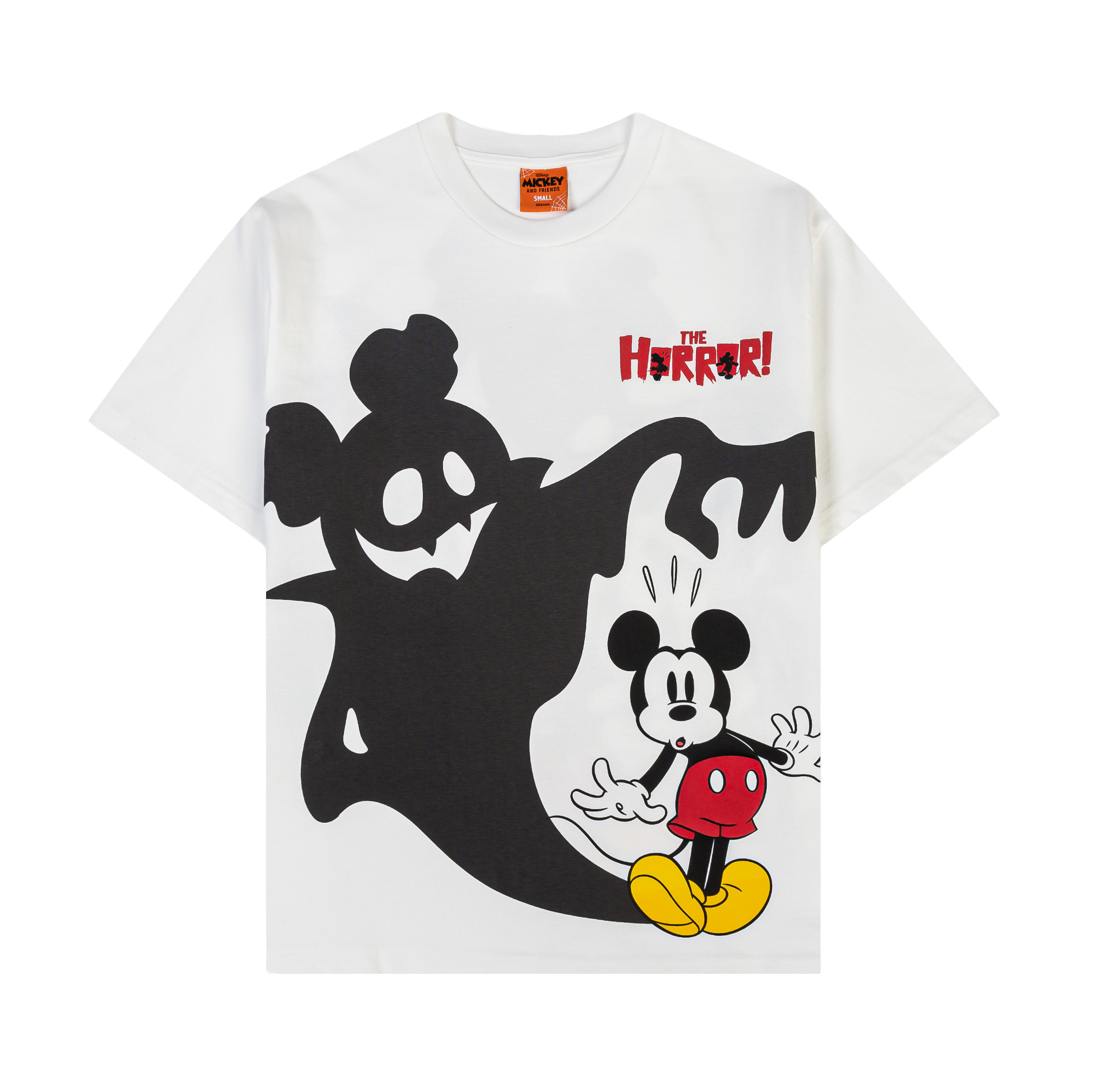 White t-shirt featuring Mickey Mouse with a spooky shadow design.