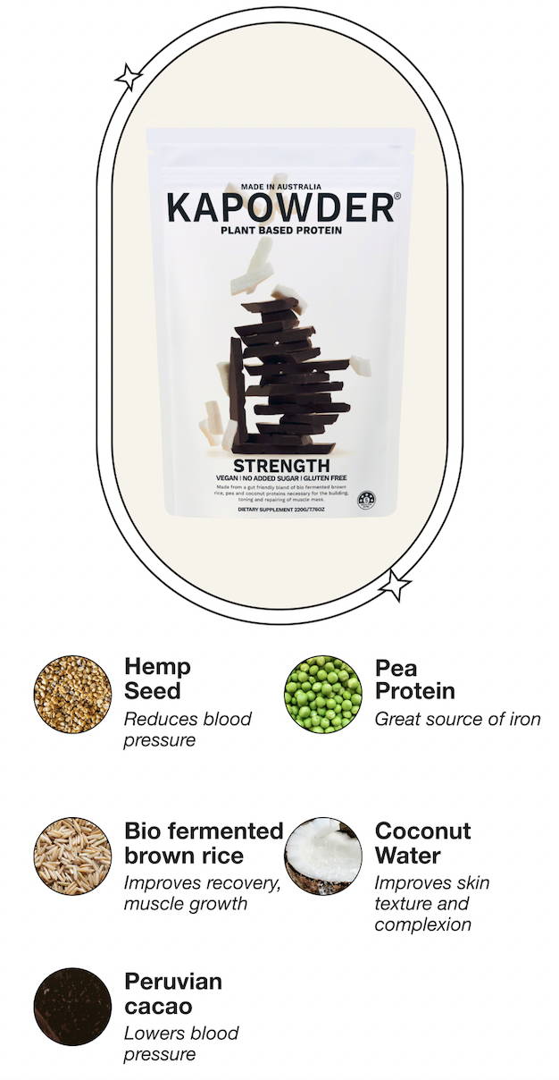 Hero ingredients: hemp seed (reduces blood pressure); bio fermented brown rice (improves recovery, muscle growth); Peruvian cacao (lowers blood pressure); pea protein (great source of iron); coconut water (boosts hydration for plump skin).