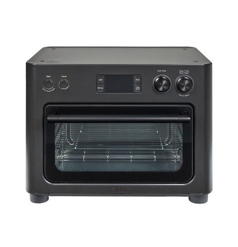 Black countertop oven with a glass door and control panel.