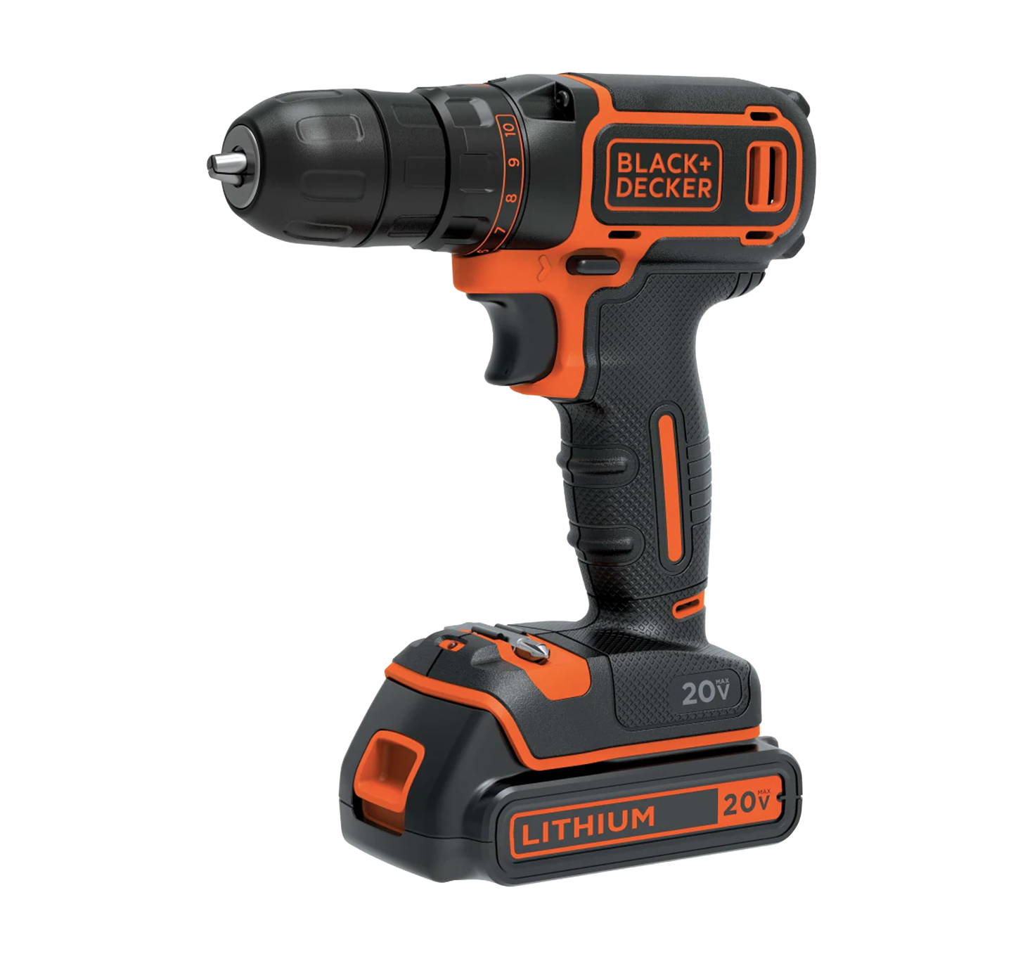 Black and orange cordless drill with battery pack.