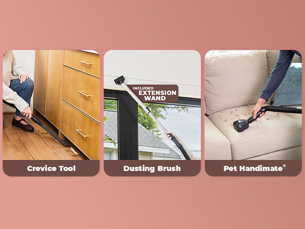 Three cleaning tools: crevice tool, dusting brush, pet hand tool.