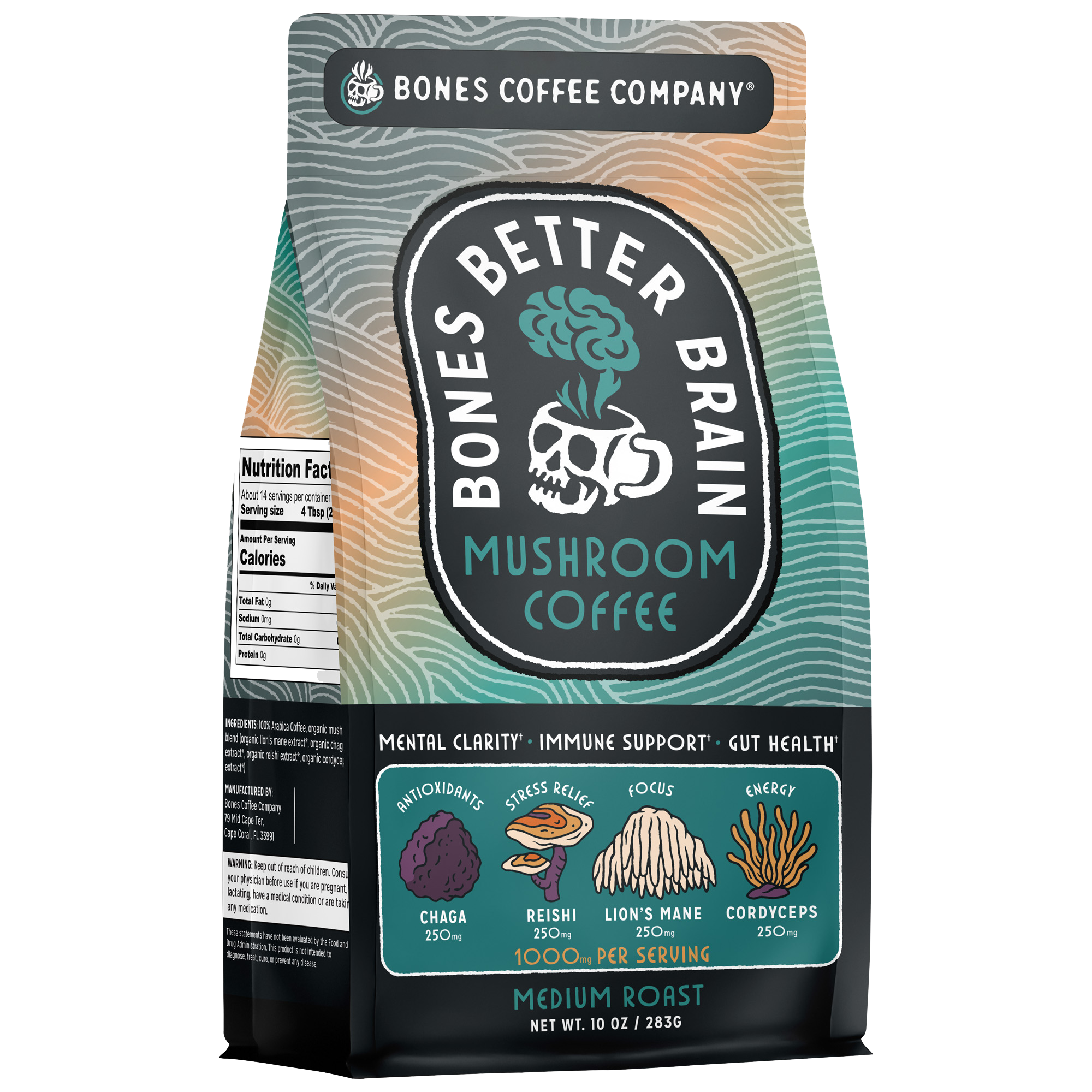A twelve ounce bag of Bones Better Brew Medium Roast Mushroom coffee.