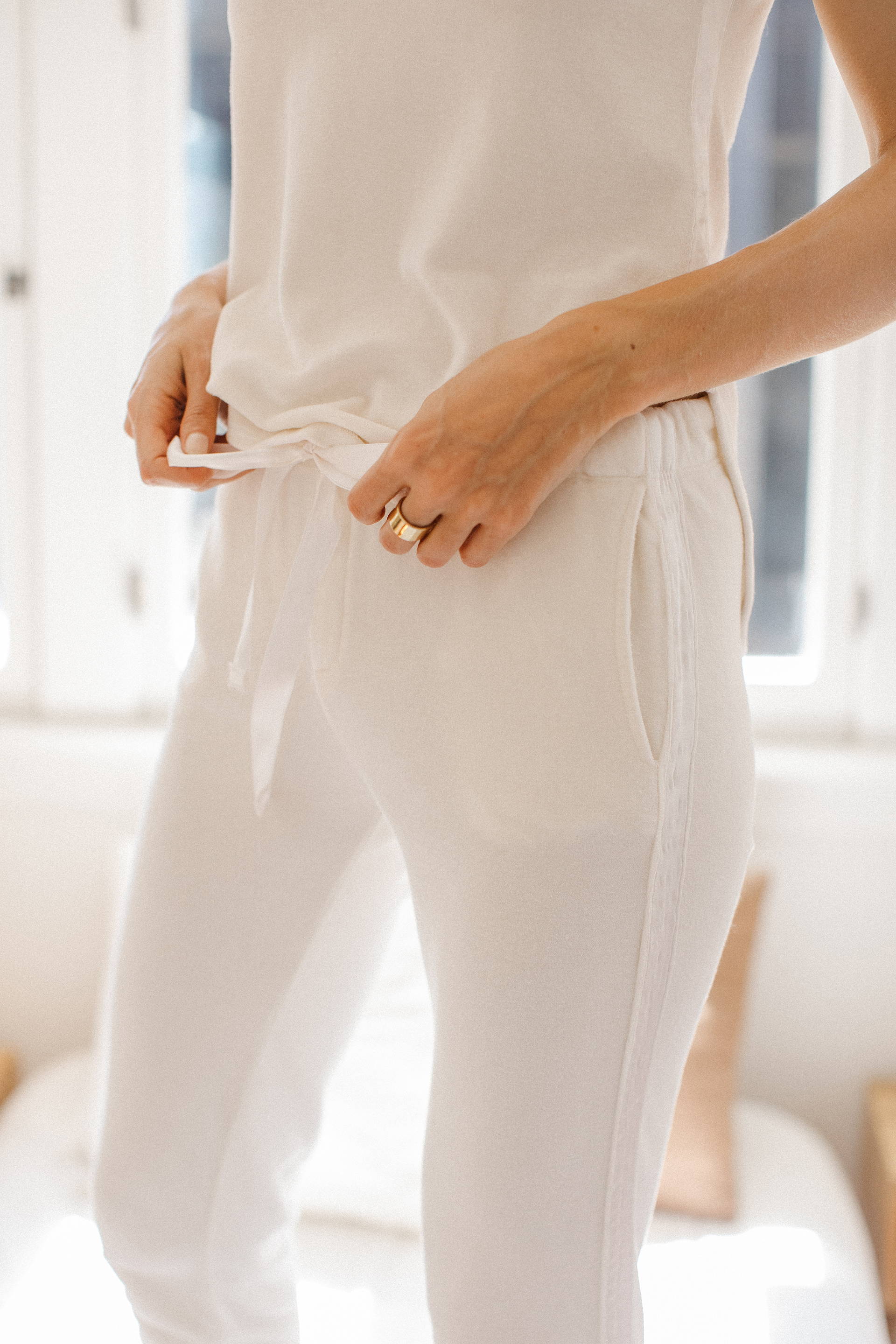 Womens Velour Jogger Pant With Satin Trim Details in Winter White.
