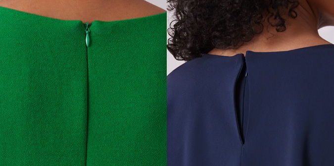 Two dress backs: one green, one navy, both with unique closures.