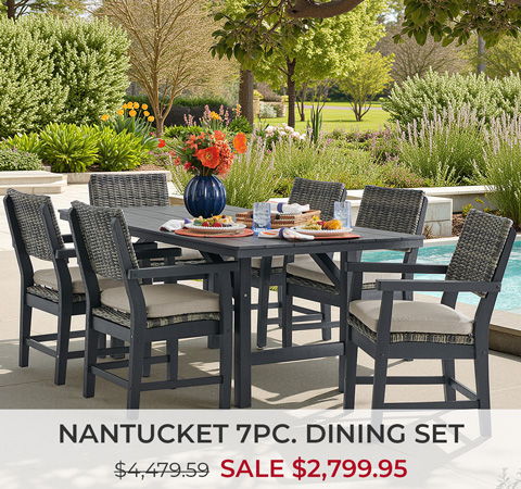 Nantucket 7-piece dining set with sale price displayed outdoors.