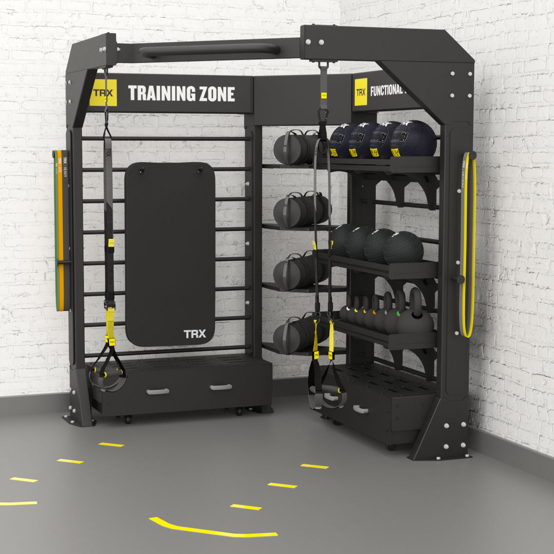 Training zone with weights and equipment for workouts.