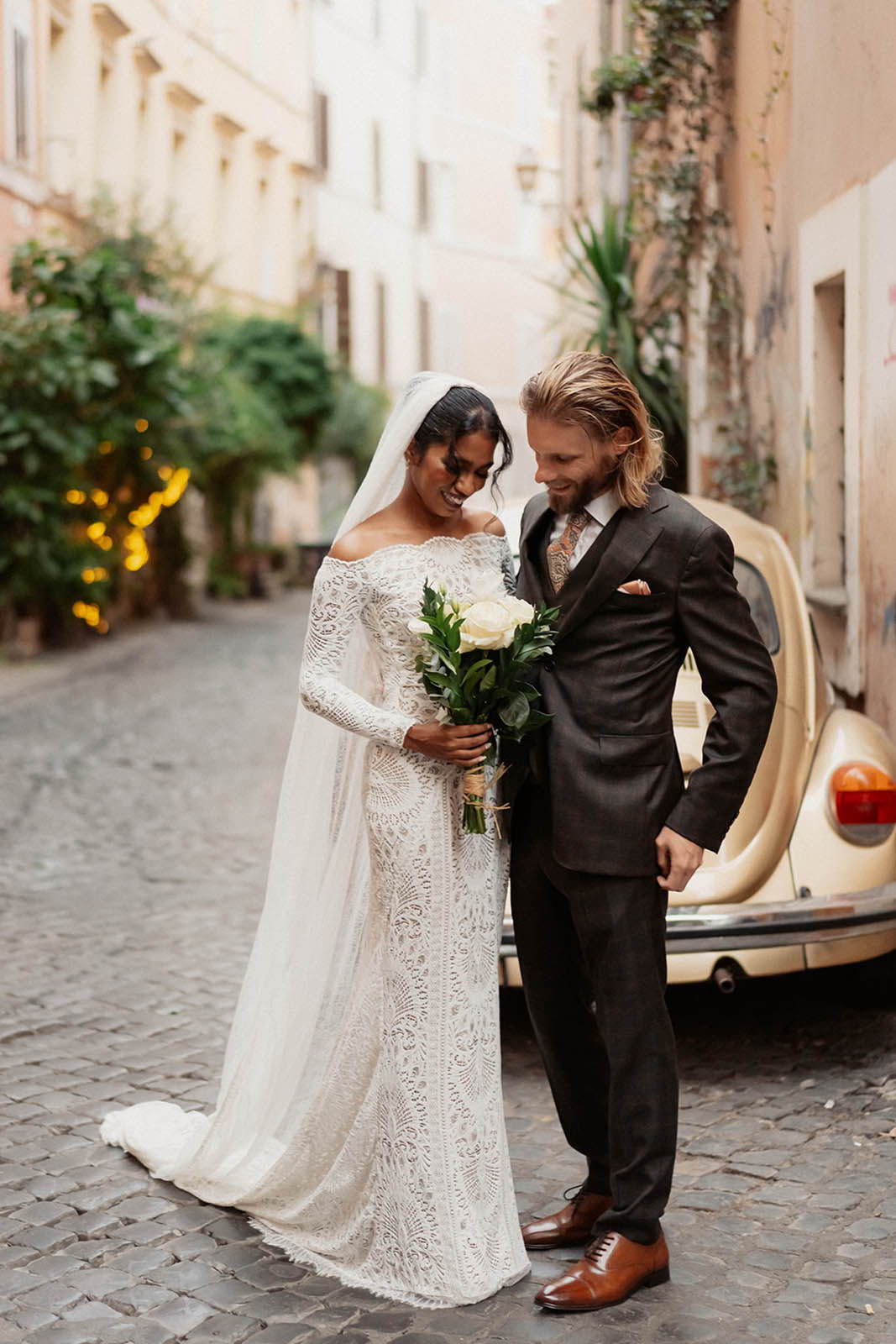 Bride and groom in streets of Rome