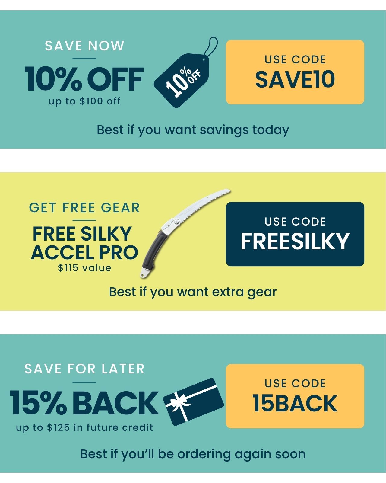 Promotional offer for discounts and free gear with coupon codes.