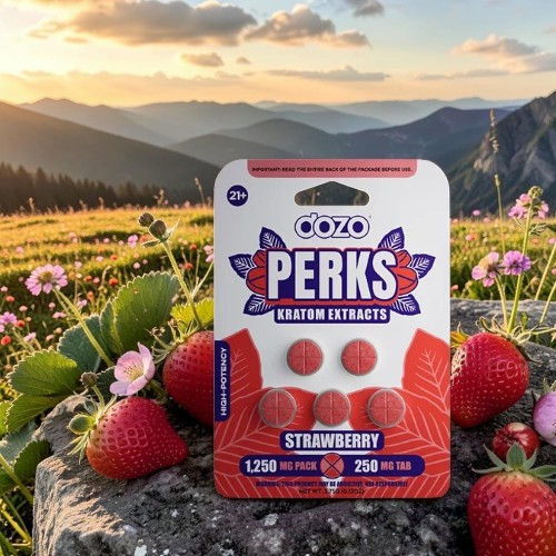 Strawberry-flavored supplement package with strawberries in a scenic landscape.