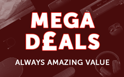 Text promoting mega deals and amazing value.