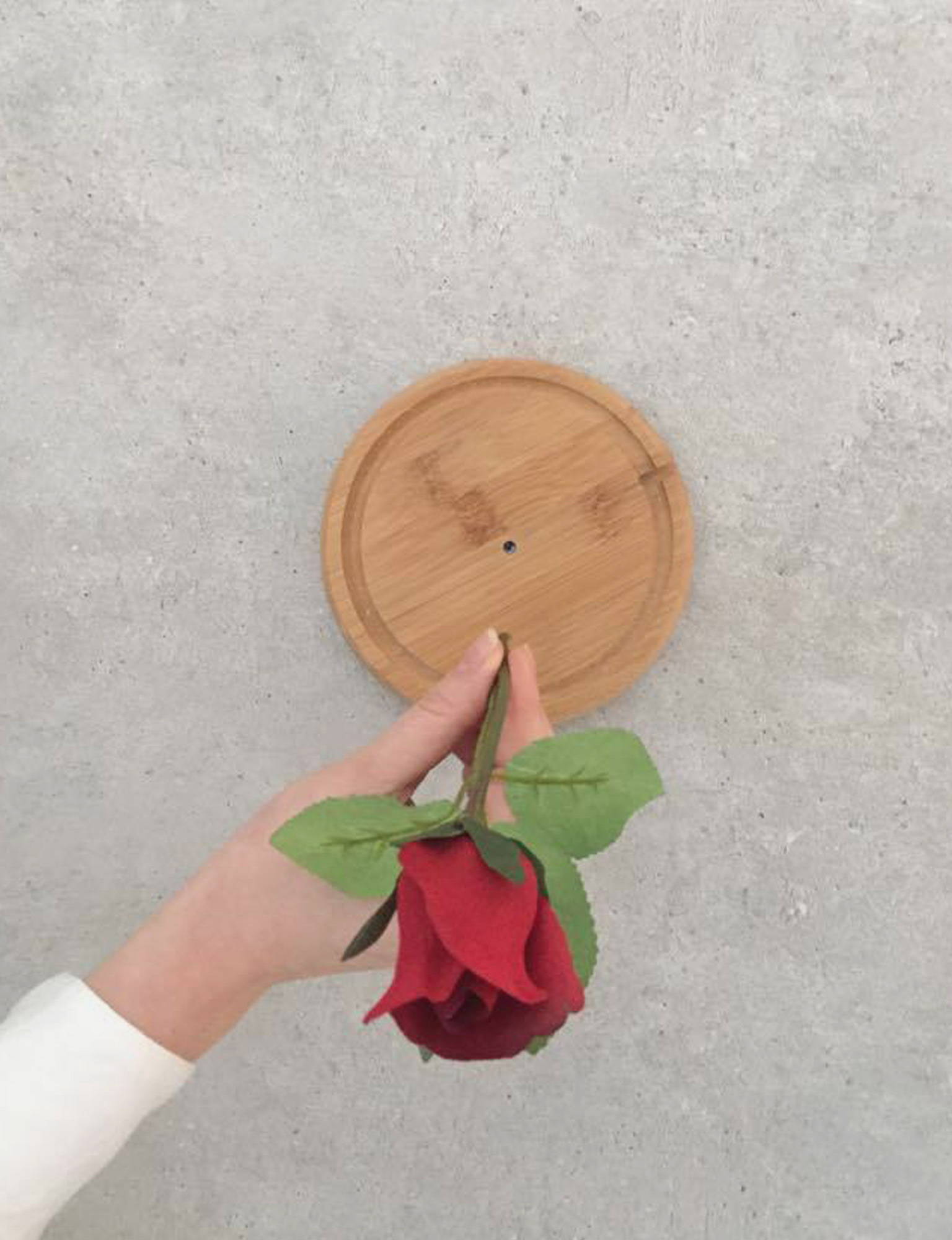 Person inserting the rose into the hole of the dome base.