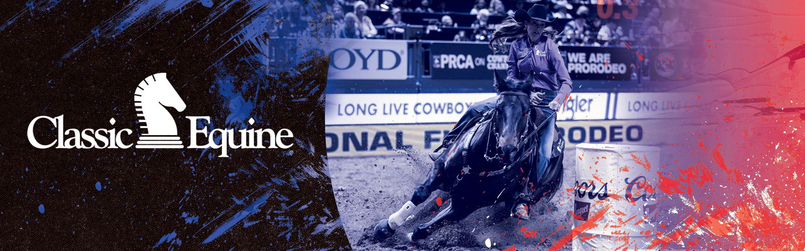 Logo of Classic Equine with a dynamic horse image background.