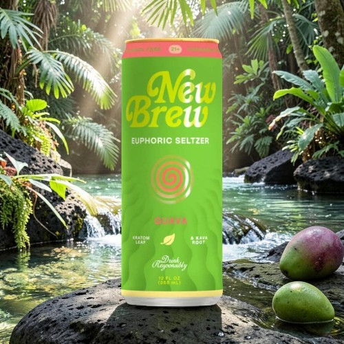 Can of New Brew sparkling seltzer in a tropical setting.