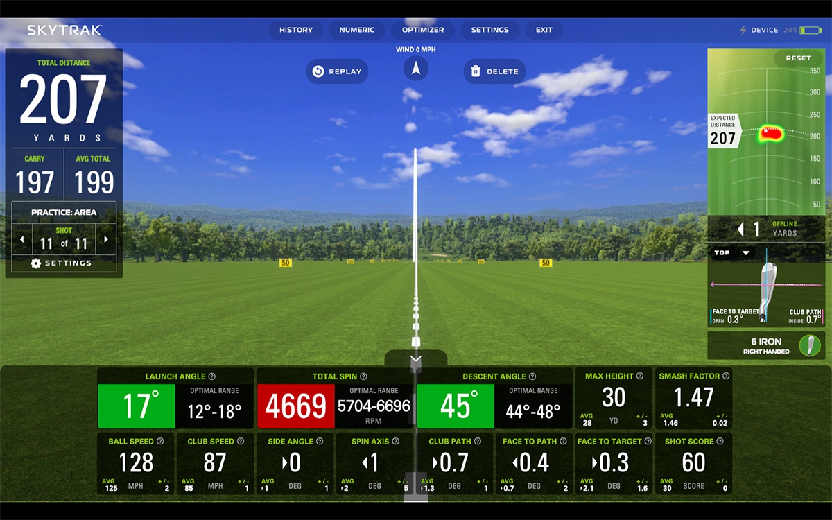 A screen shot of the SkyTrak software showing a golf shot tracer going down the target line with data tiles below with the shot data
