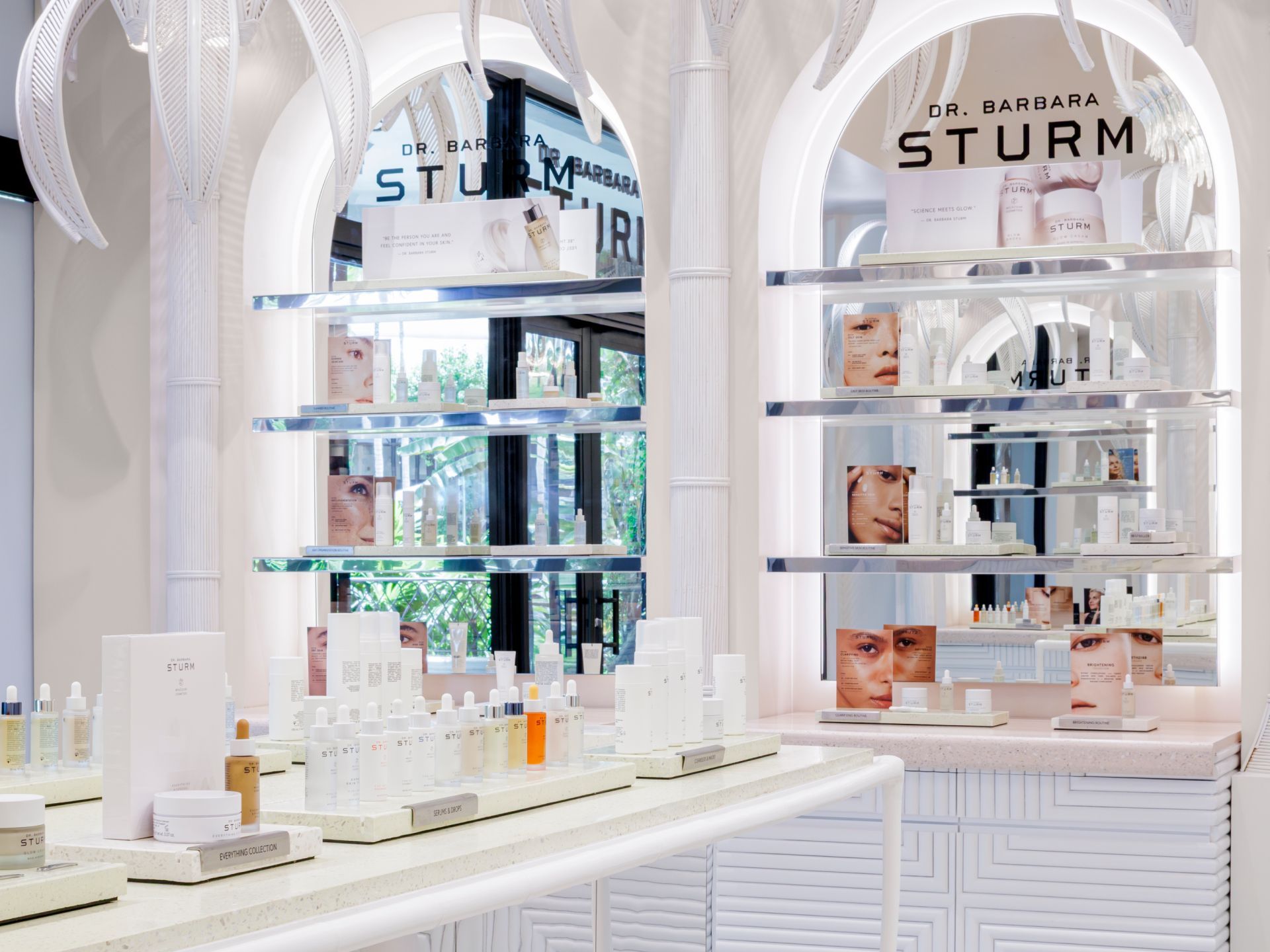 A modern skincare display in a bright, elegant store interior.
