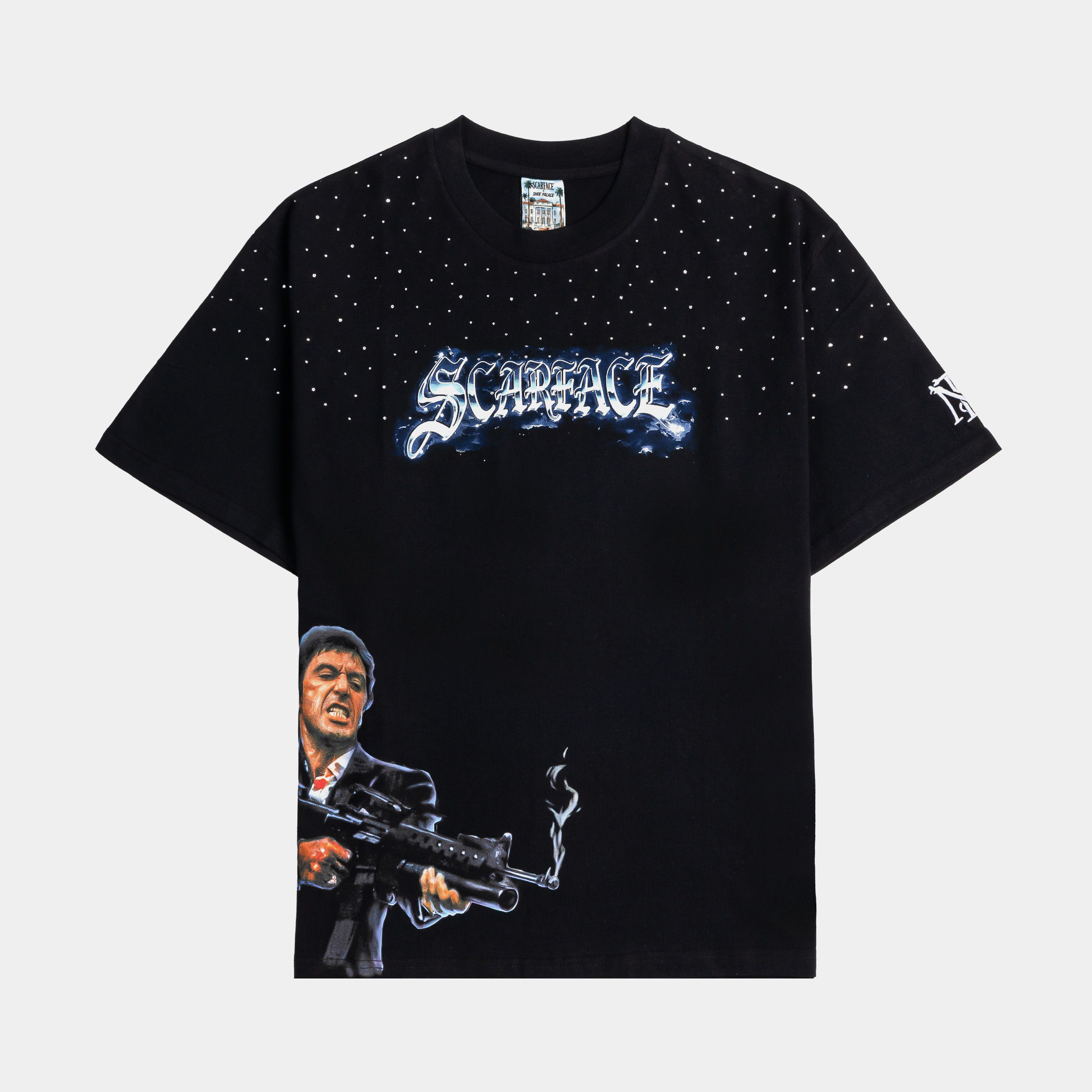 Black T-shirt with graphic design featuring a character holding a gun.