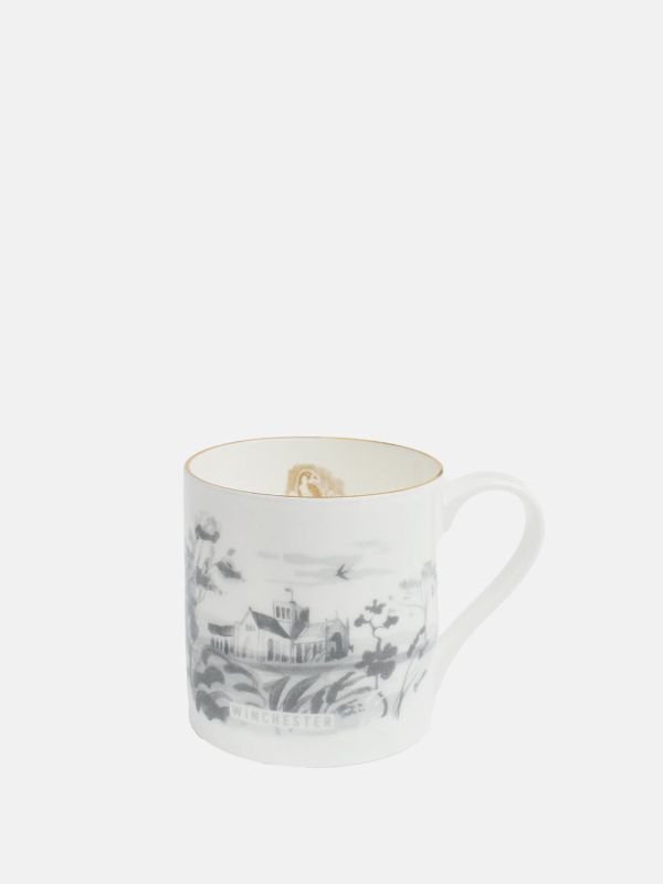 A china mug with grey painterly design of Winchester Cathedral.