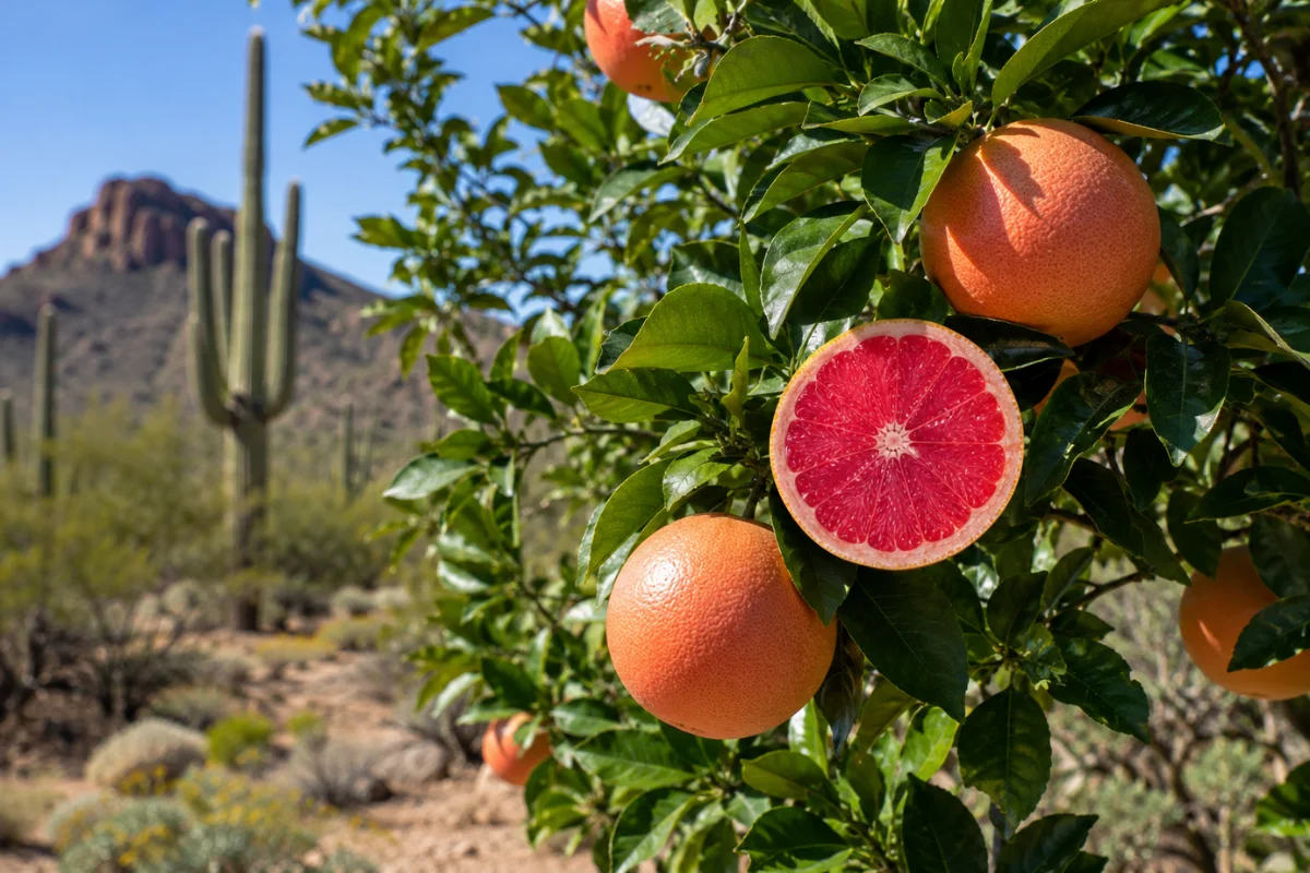 Ruby Red grapefruit growing on a citrus tree in the Sonoran Desert with a sliced grapefruit revealing vibrant pink flesh against a desert landscape backdrop.