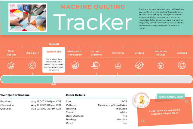 Machine Quilting Order Tracker for mail-in machine quilting