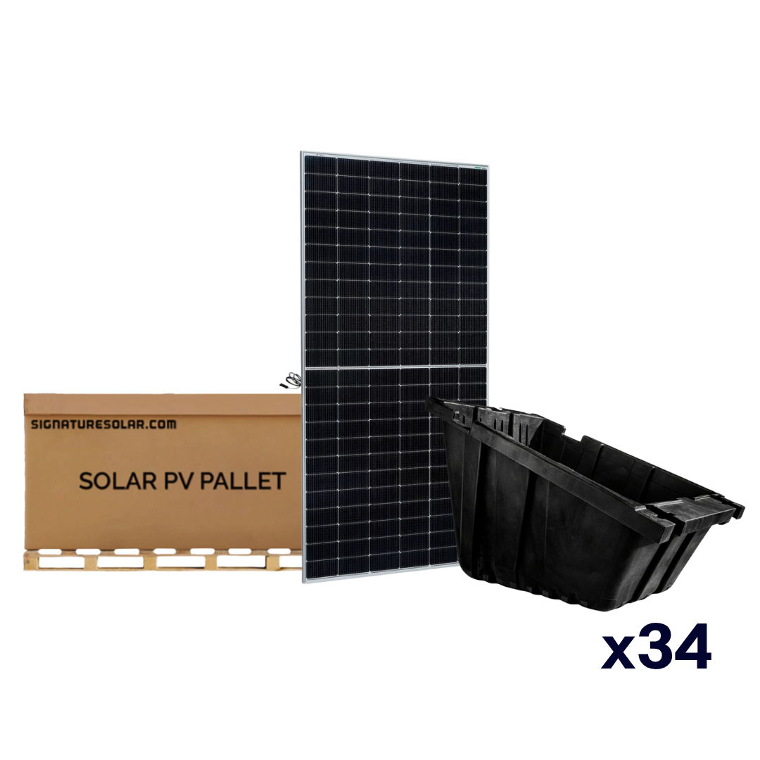 PowerField solar panel pallet and PowerRack bundle shown with x34 panels.