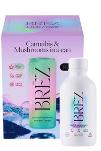 Brez beverage can and bottle with cannabis and mushrooms packaging.