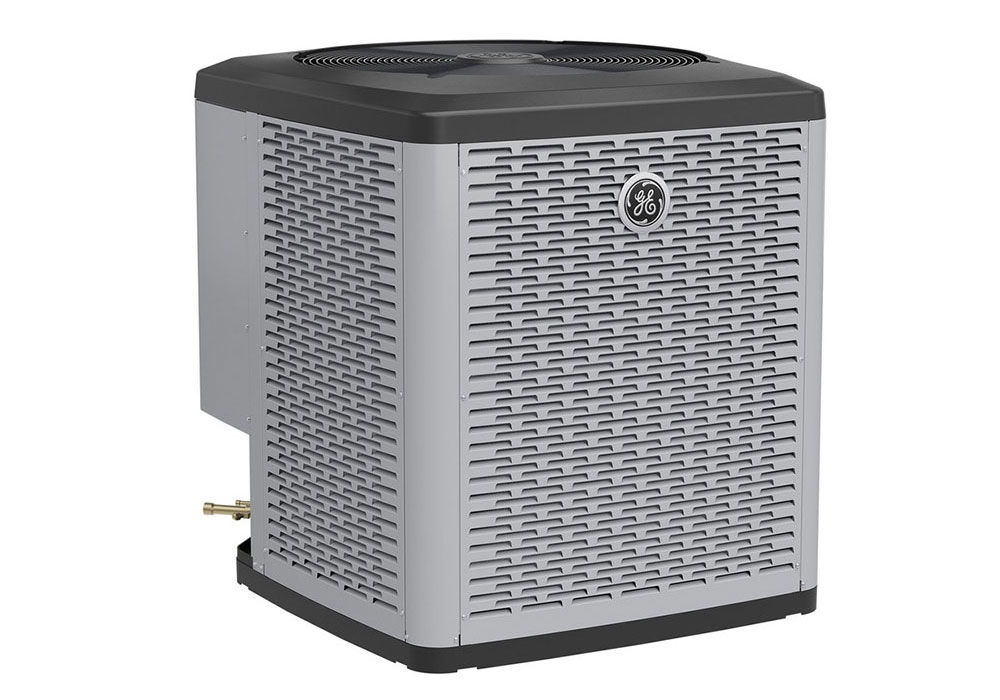 GE Appliances air conditioning unit with a gray exterior and a black top.