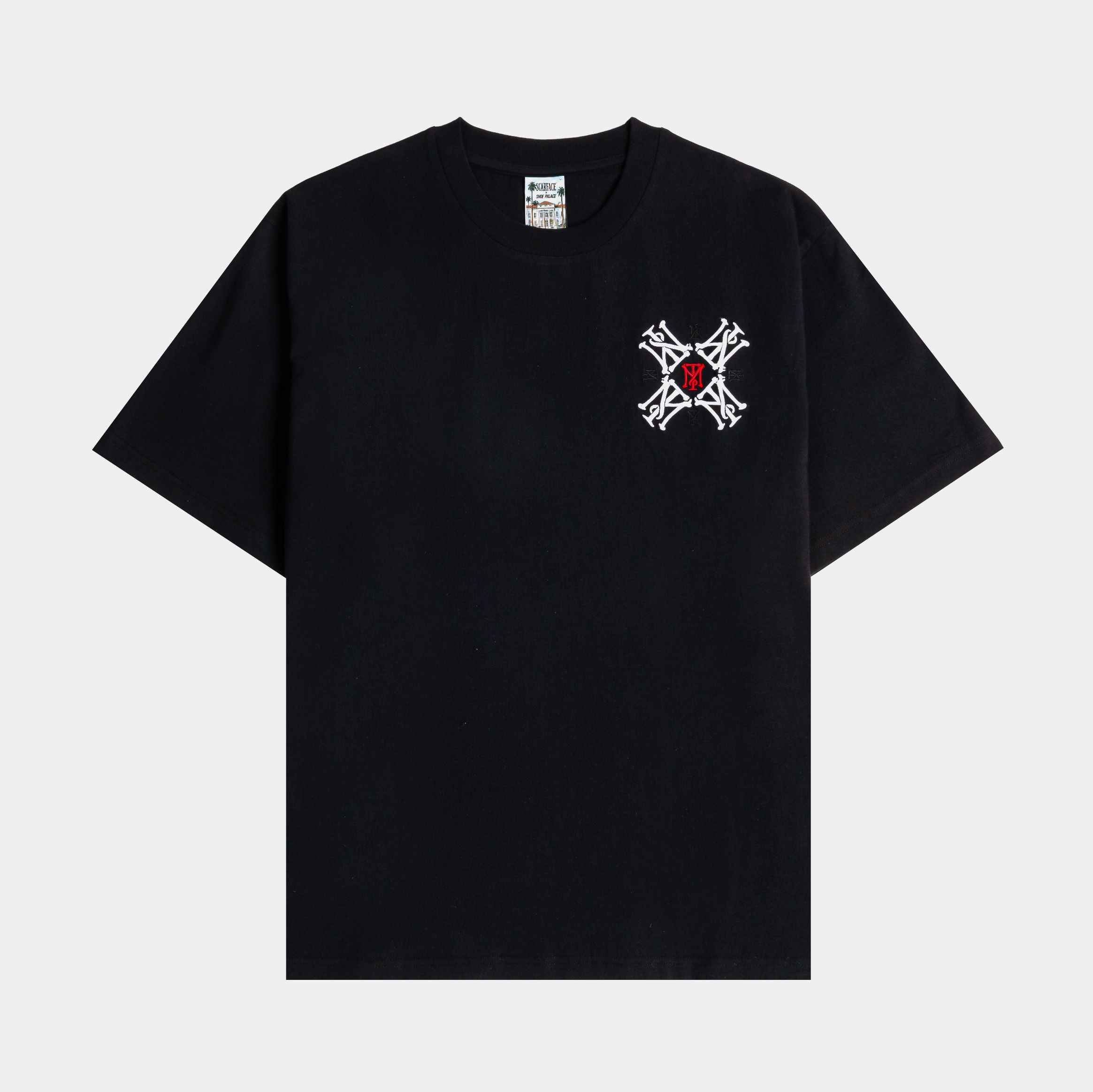 Black t-shirt with graphic design on the chest.