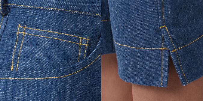 Blue denim shorts with yellow stitching and pocket details.
