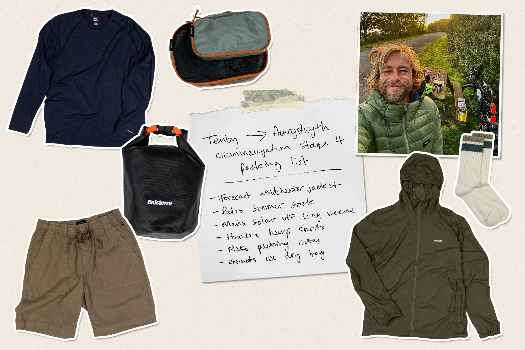 Clothing items and accessories laid out with handwritten notes and a photo.