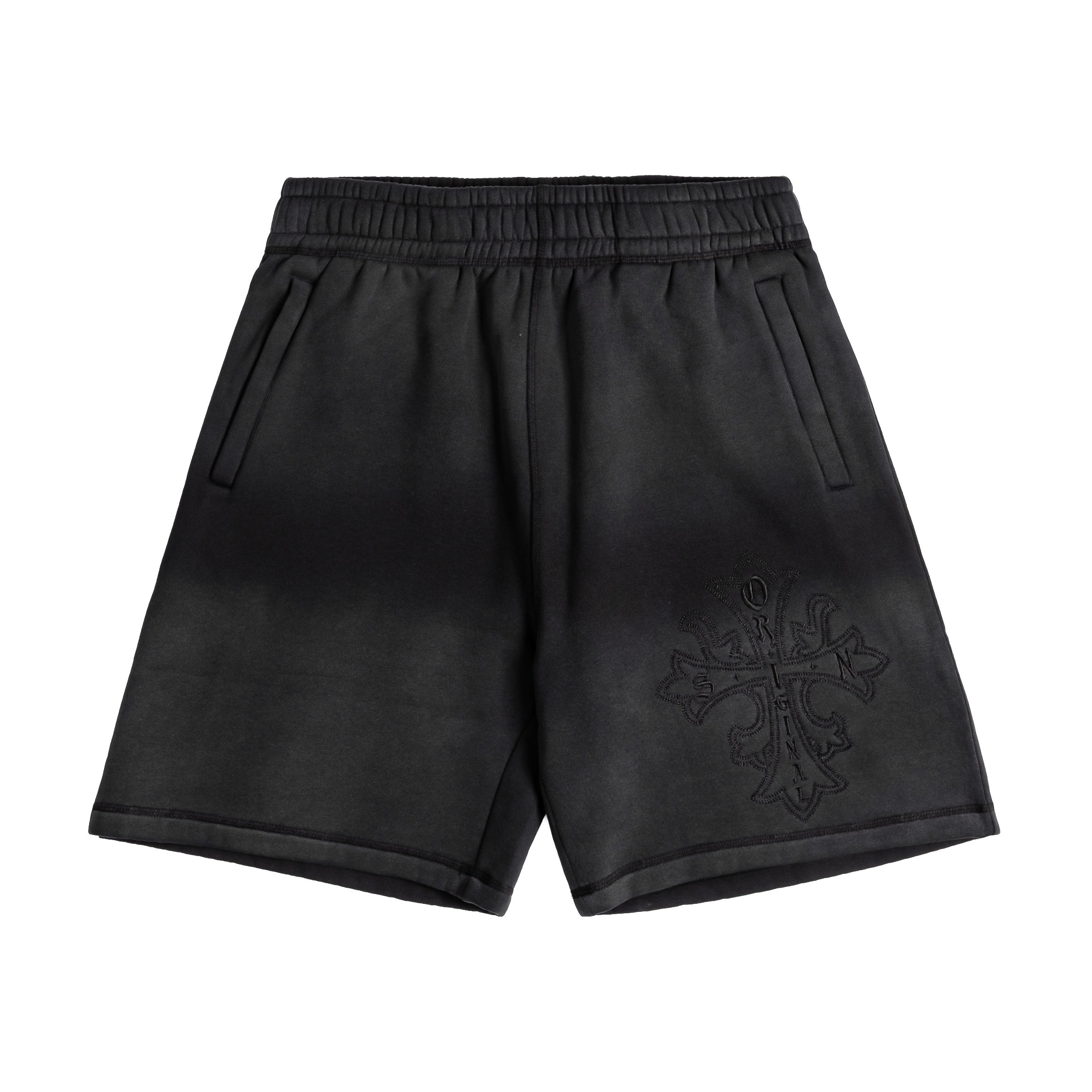Black shorts with an embroidered design and side pockets.