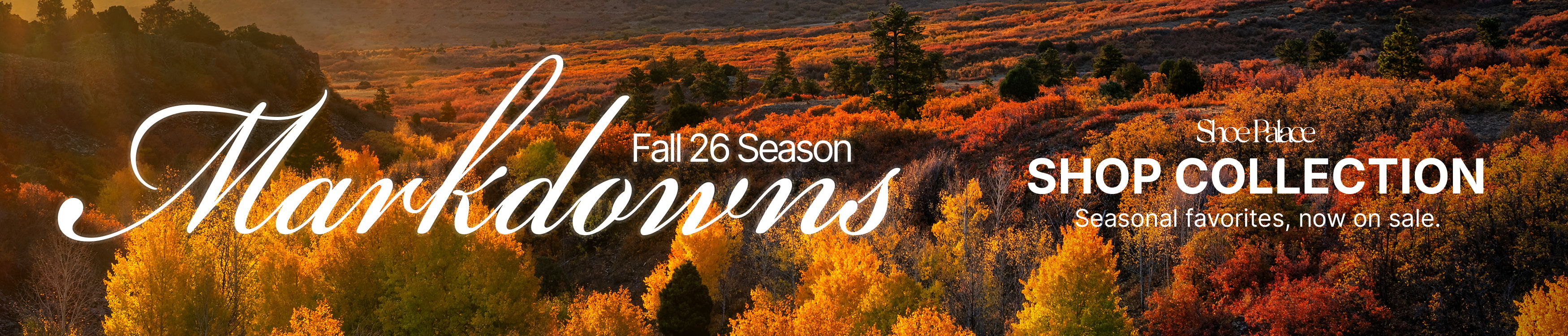 Markdowns shop collection with autumn landscape background.