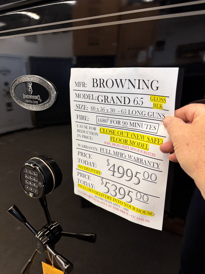 BROWNING GRAND 65 gun safe exterior with sale price tag on door - SES spring cleaning sale