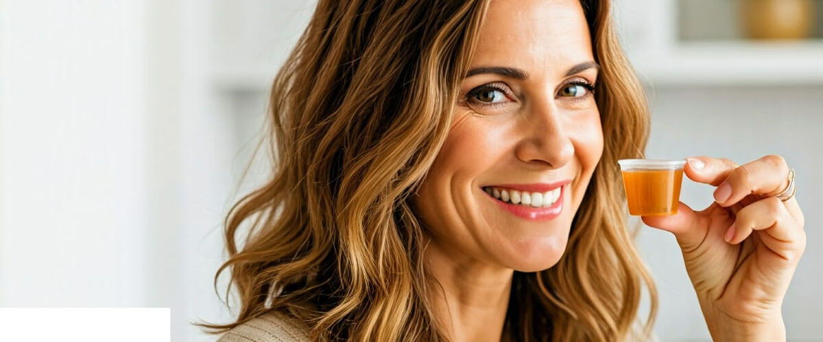 Woman drinking a collagen supplement, supporting skin, hair, and overall wellness.